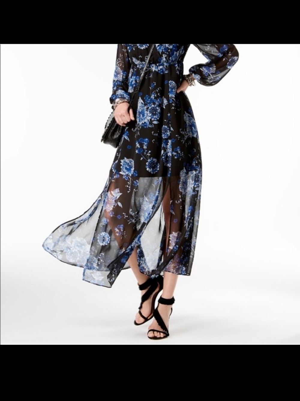 INC International Concepts Black Maxi Dress with Blue Floral Print